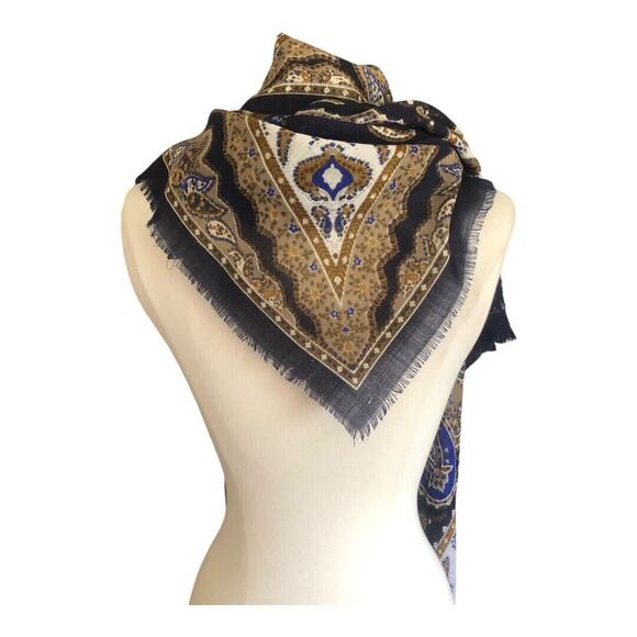 Vintage 1950’s - 1960’s Navy Taupe Ivory Paisley Floral Print Scarf Preowned - Picture 4 of 15